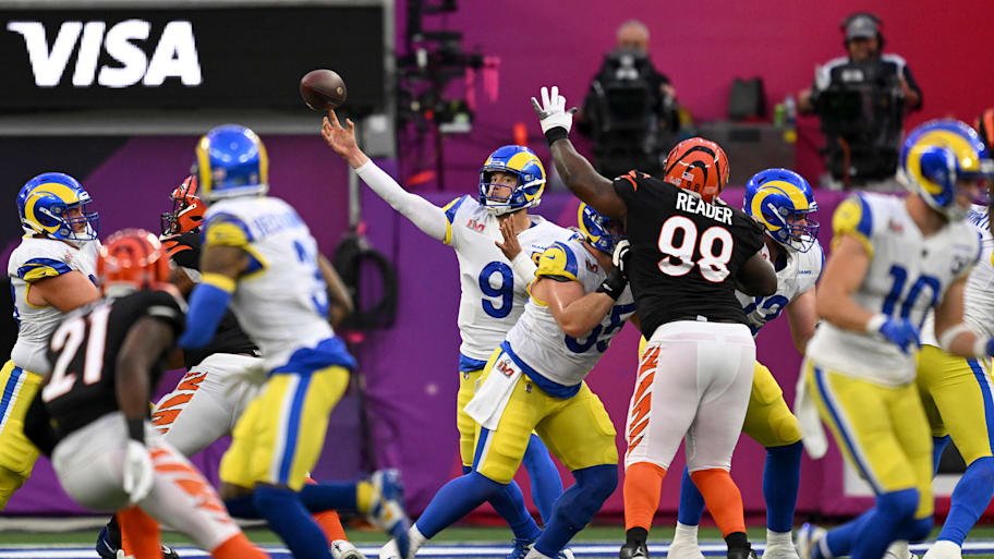 Matthew Stafford throws a pass in Super Bowl LVI.