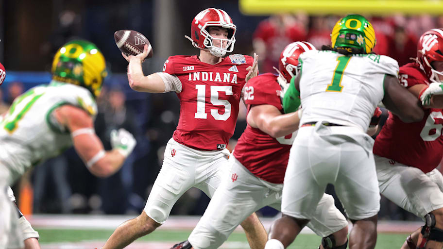 Indiana quarterback Fernando Mendoza looks to throw during the Peach Bowl. 