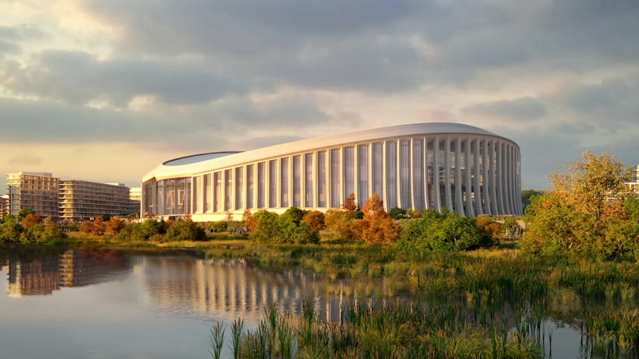 A rendering of the new stadium in the fall, from the side.