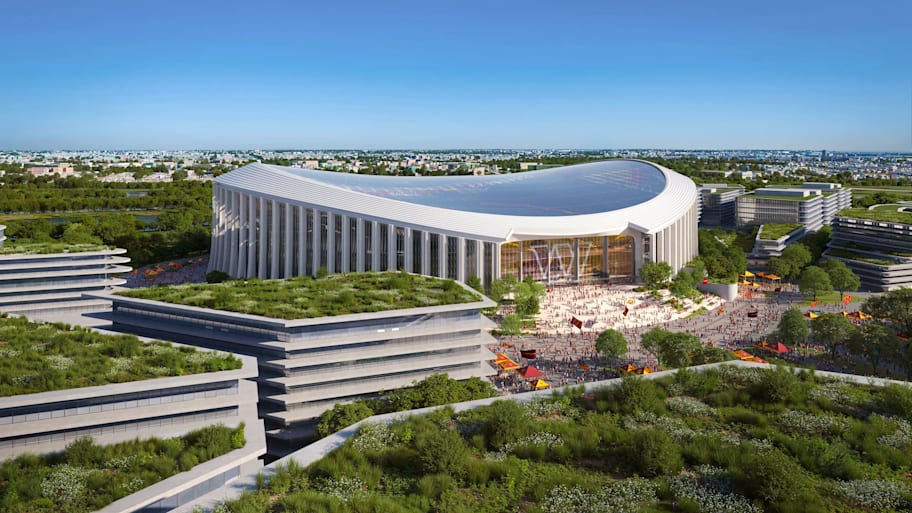 A rendering of the new stadium during the day, from a bird's eye view.