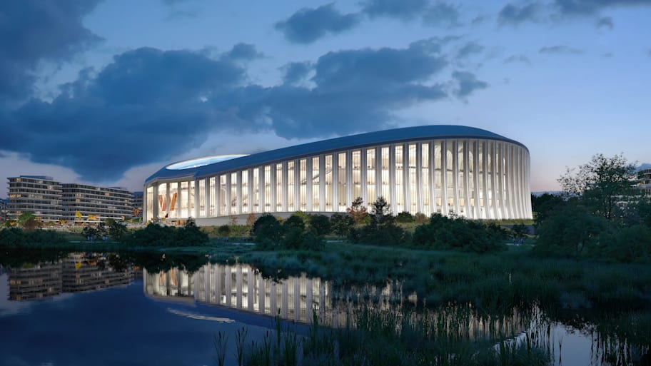 A rendering of the new stadium at night.