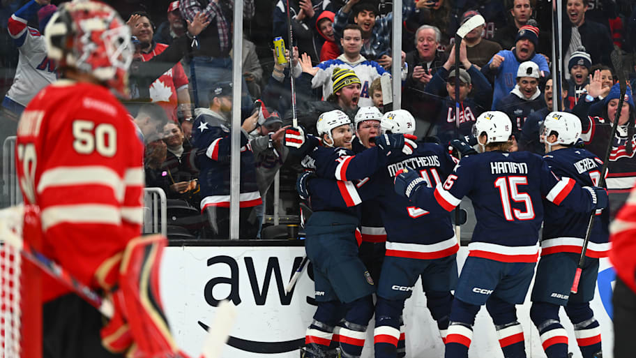 Matthew Tkachuk celebrates with his US teammates after scoring against Canada in the 4 Nations Face-Off