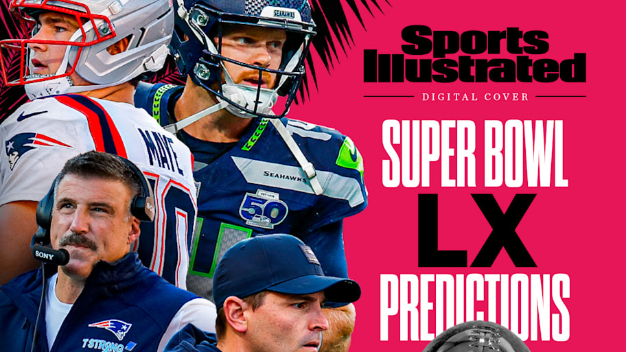 A graphic with members of the Seahawks and Patriots displayed next to the Lombardi Trophy.