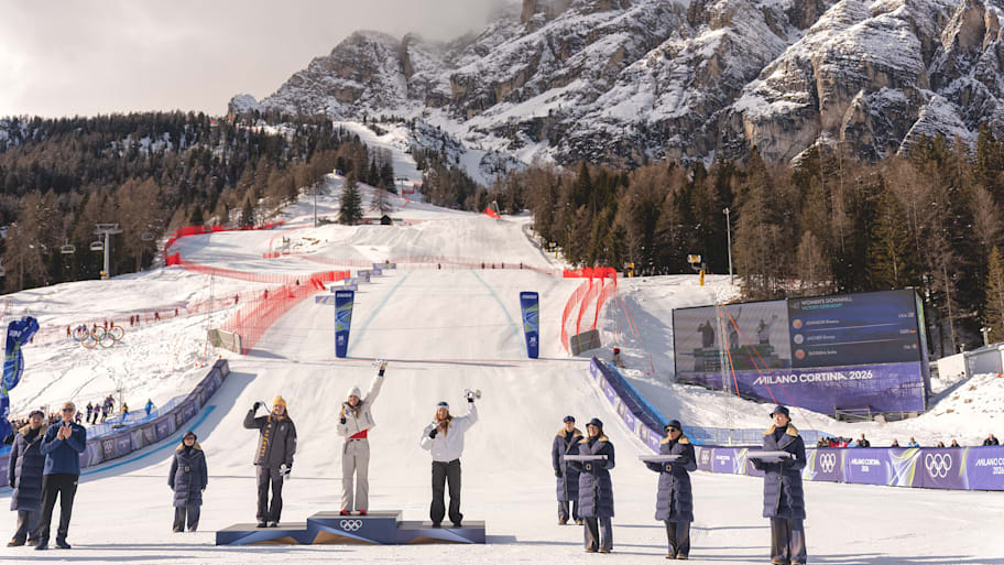 Emma Aicher, Breezy Johnson and Sofia Goggia on the podium 