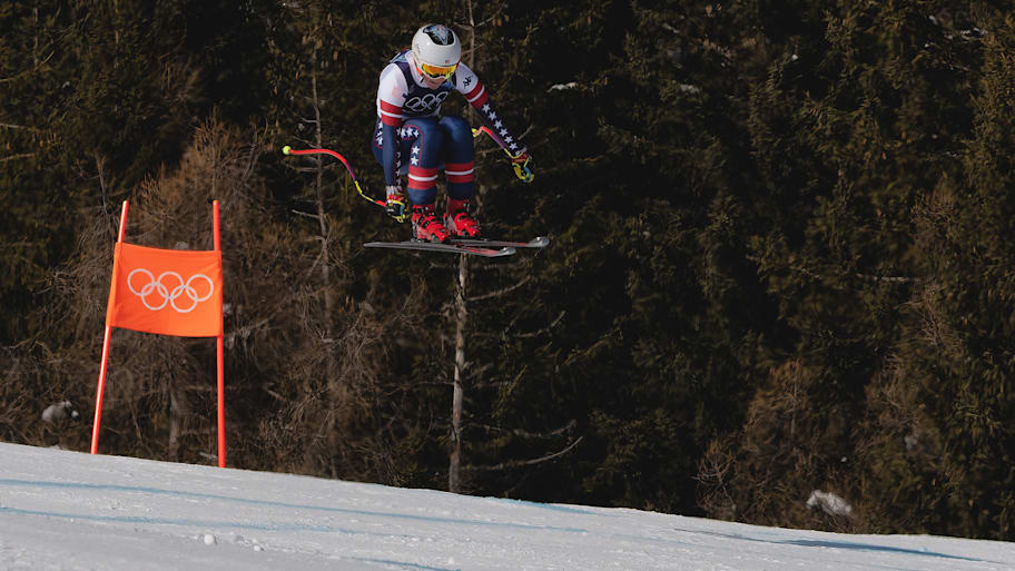 Breezy Johnson racing in the women’s downhill.