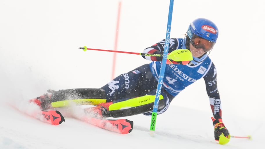 Shiffrin recording 100th World Cup win in February in Sestriere, Italy. 