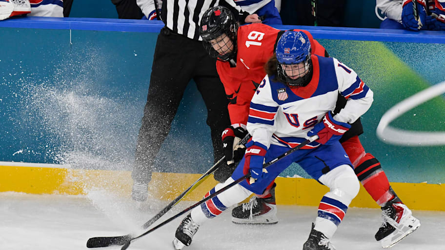 Hilary Knight fighting off a Team Canada defender.