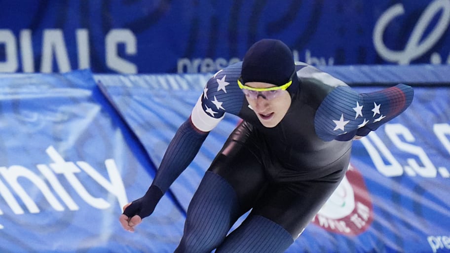 Jordan Stolz competes in the men's 1,000 meters during the U.S. Olympic long track speed skating Olympic team trials 