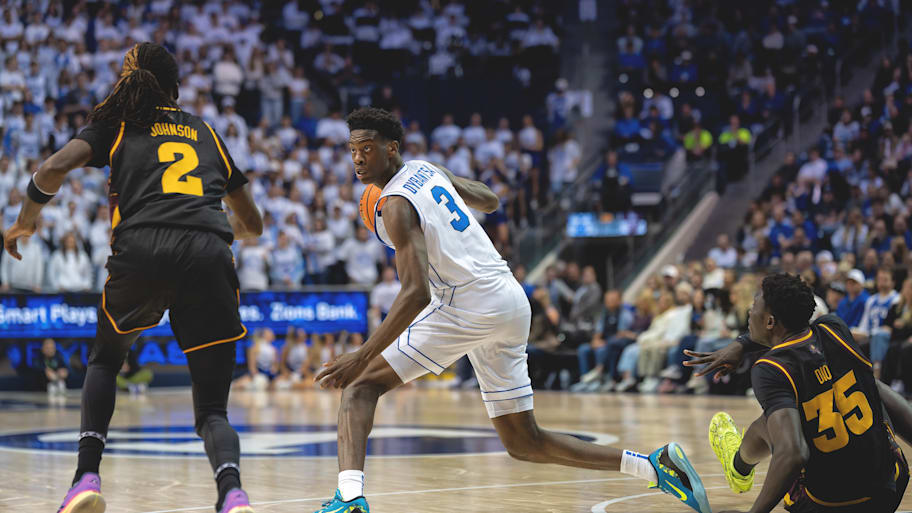 BYU forward AJ Dybantsa dribbles the ball against Arizona State earlier this season.