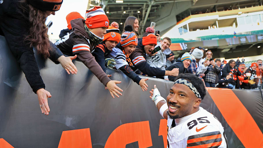 Myles Garrett celebrates with fans in Cincinnati after recording his 23rd sack of the season 