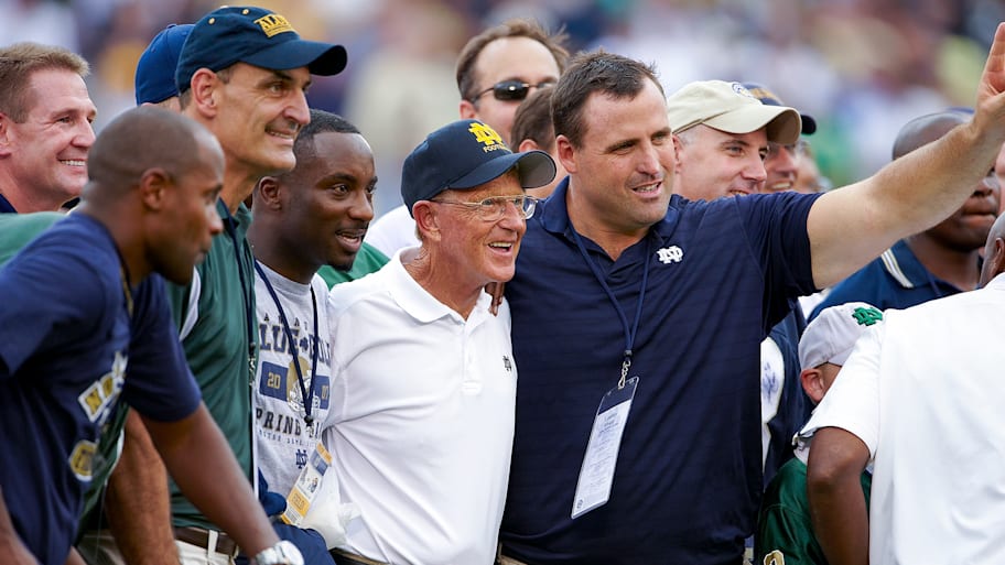 Former Notre Dame head coach Lou Holtz on the sideline before a game against Michigan in 2008.