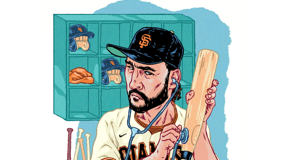 Illustration of Giants manager Tony Vitello listening to a bat like a doctor with a stethoscope