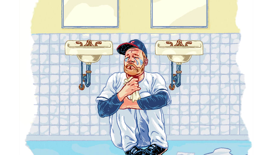 Illustration of Guardians manager Stephen Vogt crying on the bathroom floor