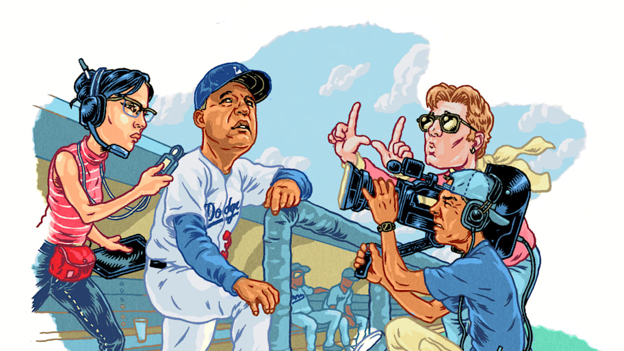 Illustration of Dodgers manager Dave Roberts talking to the press while in the dugout.