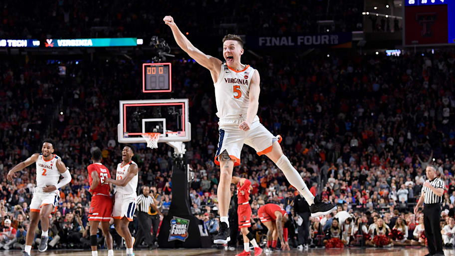 Virginia’s Kyle Guy celebrates after winning the NCAA tournament national championship game over Texas Tech.