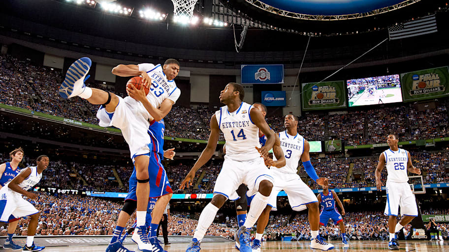 Kentucky’s Anthony Davis comes down with a rebound against Kansas in the 2012 NCAA title game.