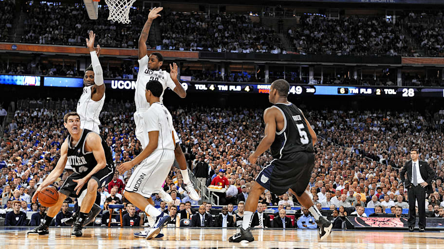 Butler Andrew Smith’s looks for space against the UConn defense during the 2011 NCAA championship game.