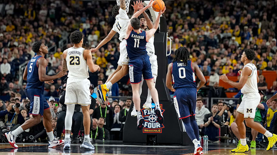 UConn’s Alex Karaban goes up for a shot in the men’s basketball national championship game against Michigan.