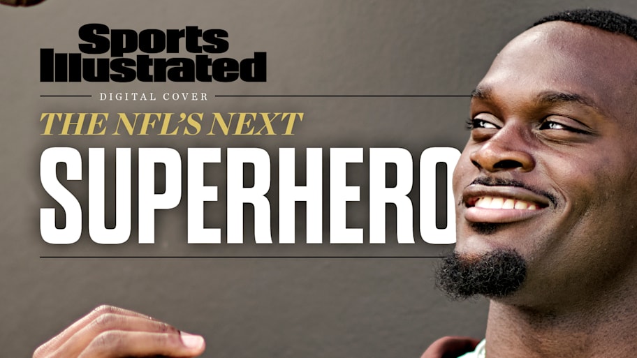 Jeremiyah Love tosses a football and smiles. Text says: The NFL’s Next Superhero