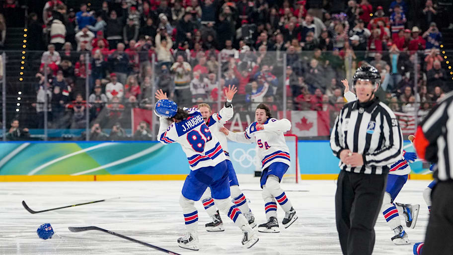 Jack Hughes celebrates