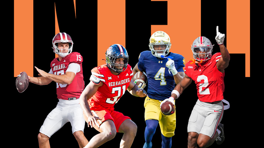 Photos of Fernando Mendoza, David Bailey, Jeremiyah Love and Caleb Downs in front of text that says Mock Draft.