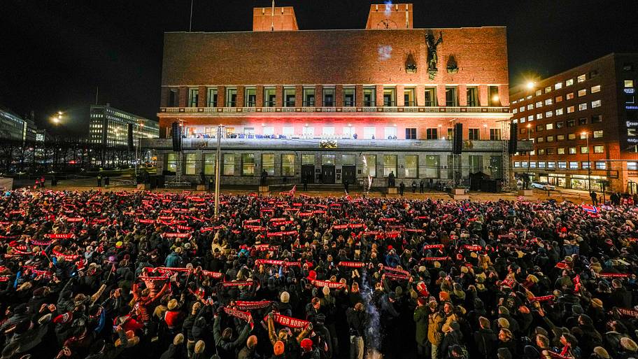 The Norway national team is celebrated at the Oslo city hall square