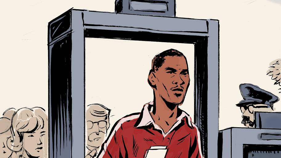 Illustration of Michael Jordan going through security at an airport
