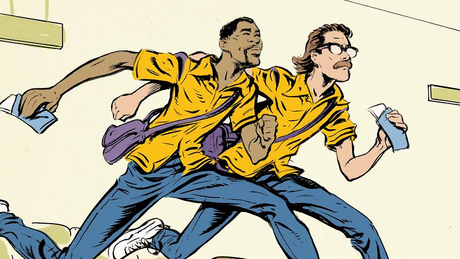 Illustration of the Lakers running to catch a flight