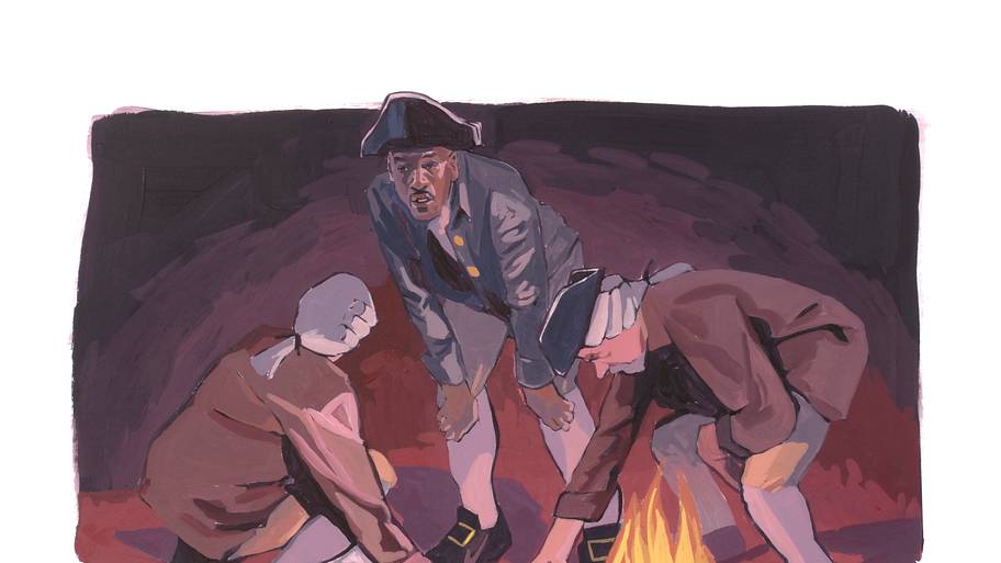 Illustration of Michael Jordan playing pitch and hustle during the Revolutionary War