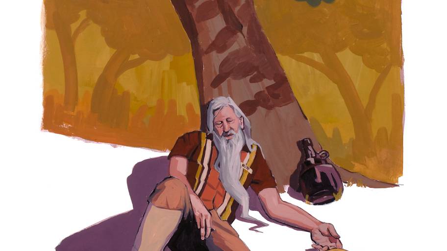 Illustration of Rip Van Winkle with a bowling ball