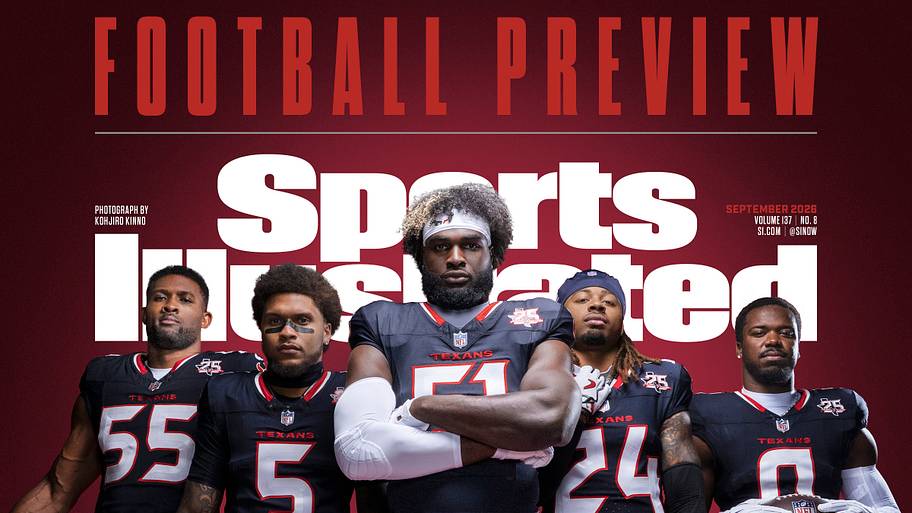 Five Texans defenders pose in uniform.