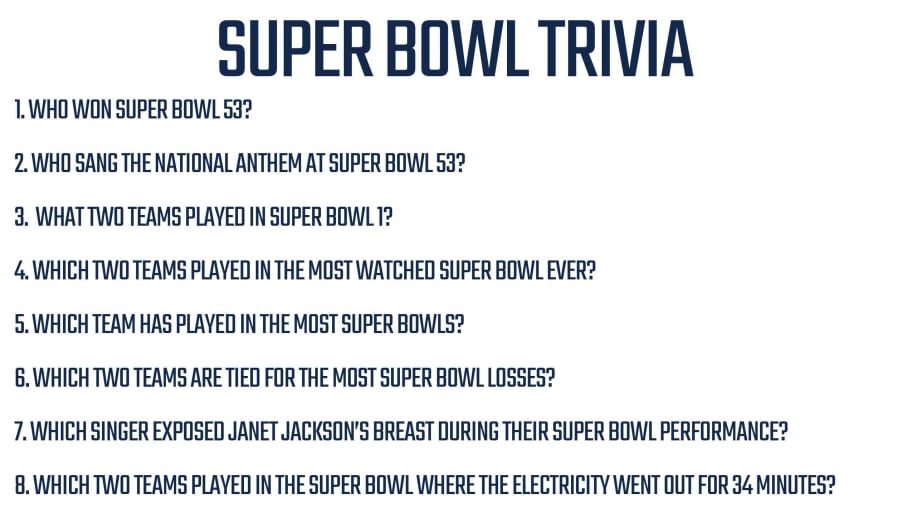 Printable Super Bowl Trivia for 49ers vs Chiefs Super Bowl 54