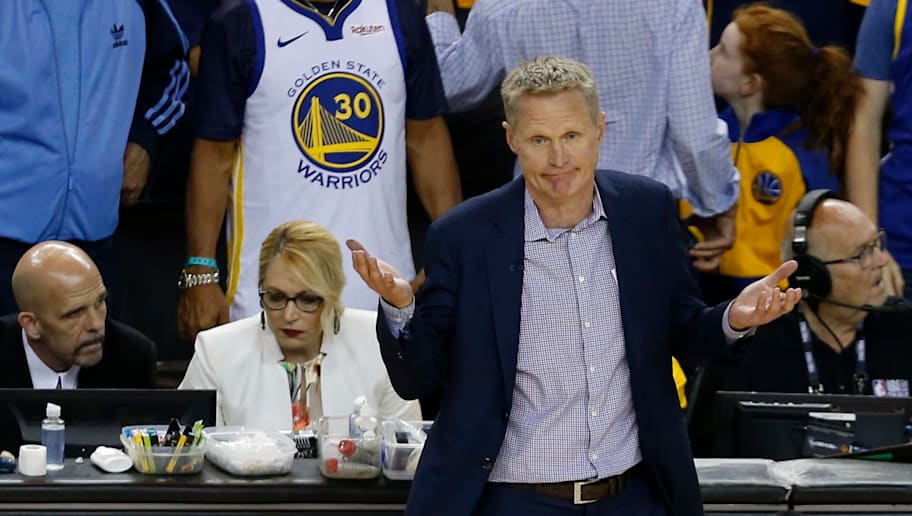 OAKLAND, CALIFORNIA - JUNE 13:  Head coach Steve Kerr of the Golden State Warriors reacts against the Toronto Raptors in the second half during Game Six of the 2019 NBA Finals at ORACLE Arena on June 13, 2019 in Oakland, California. NOTE TO USER: User expressly acknowledges and agrees that, by downloading and or using this photograph, User is consenting to the terms and conditions of the Getty Images License Agreement. (Photo by Lachlan Cunningham/Getty Images)
