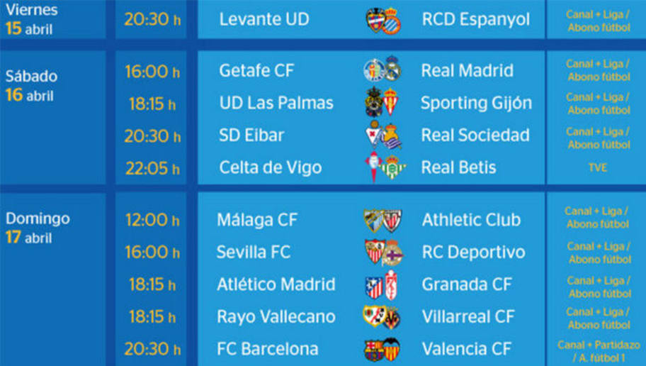 Todos los partidos y horarios de la jornada 33 de la Liga BBVA | 90min Todos los partidos y horarios de la jornada 33 de la Liga BBVA | 90min