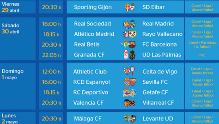 Todos los partidos y horarios de la jornada 36 de la Liga BBVA | 90min Todos los partidos y horarios de la jornada 36 de la Liga BBVA | 90min