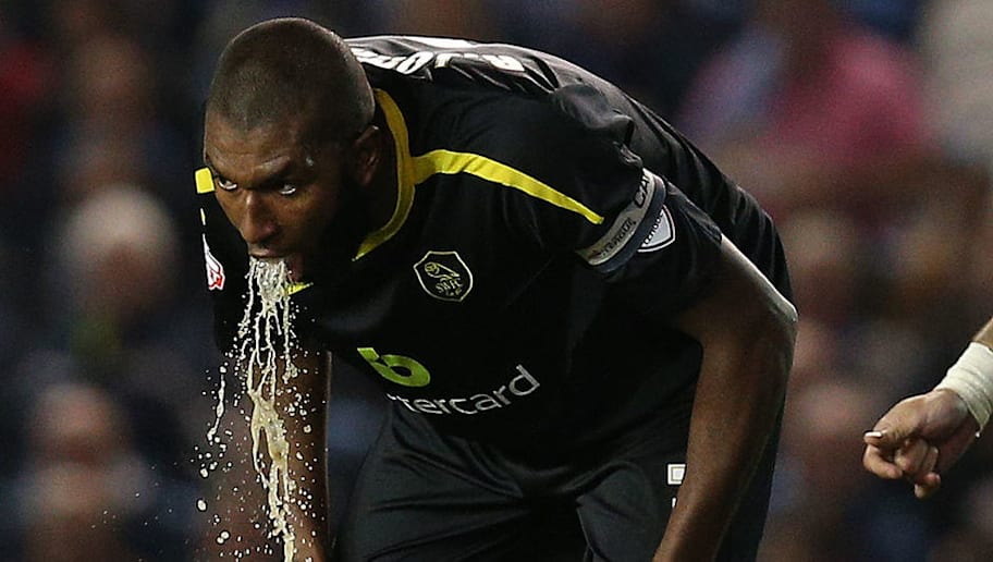 Charlie Crowhurst/GettyImages BRIGHTON, ENGLAND - OCTOBER 01: Sheffield's Jose Semedo vomits during the Sky Bet Championship match between Brighton & Hove Albion and Sheffield Wednesday at The Amex Stadium on October 01, 2013 in Brighton, England. (Photo by Charlie Crowhurst/Getty Images)
