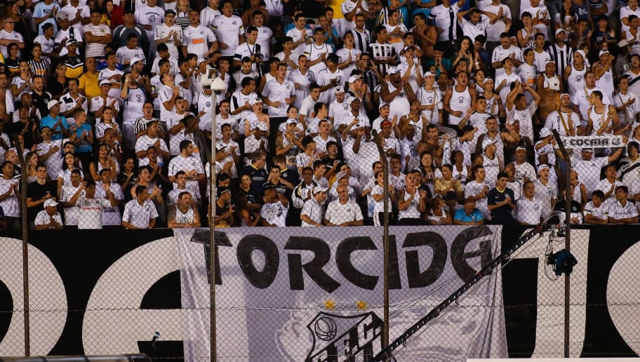 SANTOS, BRAZIL - APRIL 20: Fans of Santos cheers for their team during the match between Santos and Sport Recife for the Brazilian Series A 2014 at Vila Belmiro stadium on April 20, 2014 in Santos, Brazil. (Photo by Alexandre Schneider/Getty Images)