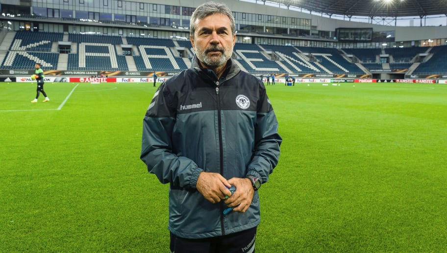 Konyaspor's head coach Aykut Kocaman attends a training session for the Turkish club Atiker Konyaspor on September 28, 2016, in Gent. 
KAA Gent will face Konyaspor in the second match of the group stage of the Europa League competition. / AFP / BELGA / JAMES ARTHUR GEKIERE / Belgium OUT        (Photo credit should read JAMES ARTHUR GEKIERE/AFP/Getty Images)