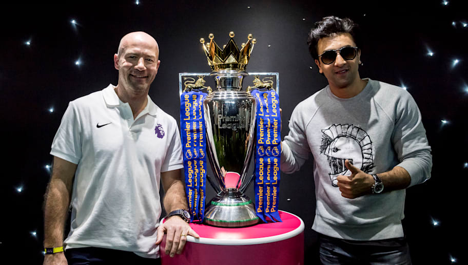 Getty Images/GettyImages MUMBAI, INDIA - MARCH 04: Alan Shearer and Bollywood Star and Mumbai FC team owner Ranbir Kapoor pose for a picture with the Premier League Trophy during the Premier League Live fan experience event on March 4, 2017 in Mumbai, India. (Photo by Ali Bharmal/Getty Images for Premier League)