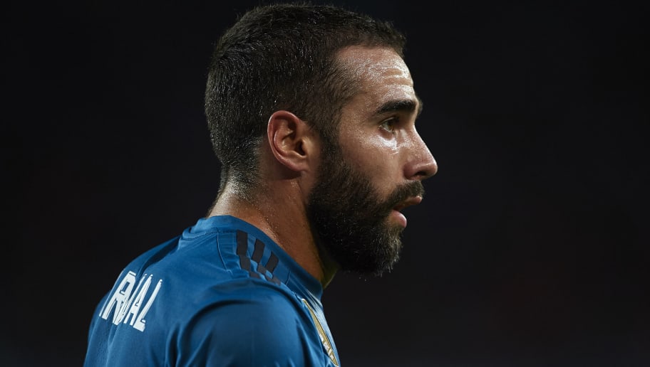 BARCELONA, SPAIN - AUGUST 13:  Daniel Carvajal of Real Madrid looks on during the Supercopa de Espana Supercopa Final 1st Leg match between FC Barcelona and Real Madrid at Camp Nou on August 13, 2017 in Barcelona, Spain.  (Photo by Manuel Queimadelos Alonso/Getty Images,)