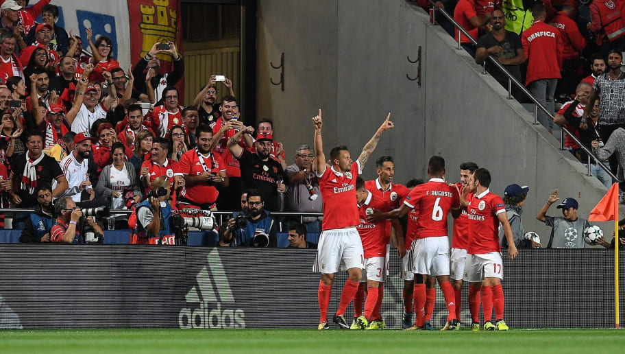 Benfica's Swiss forward Haris Seferovic (L) celebrates with teammates after scoring during the UEFA Champions League Group A football match SL Benfica vs CSKA Moscow at the Luz stadium in Lisbon, on September 12, 2017.  / AFP PHOTO / FRANCISCO LEONG        (Photo credit should read FRANCISCO LEONG/AFP/Getty Images)