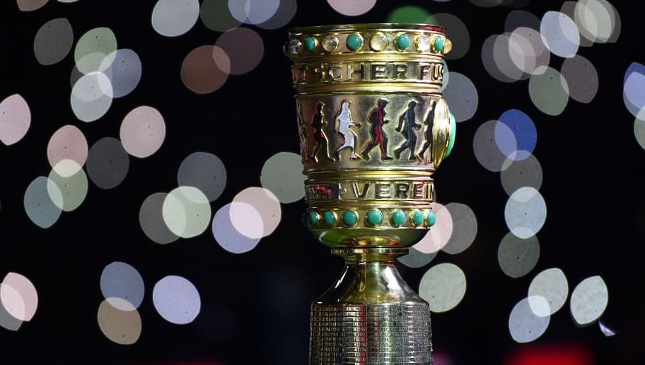 GELSENKIRCHEN, GERMANY - FEBRUARY 07:  The DFB Pokal trophy is seen during the DFB Pokal quarter final match between FC Schalke 04 and VfL Wolfsburg at Veltins-Arena on February 7, 2018 in Gelsenkirchen, Germany.  (Photo by Stuart Franklin/Bongarts/Getty Images)