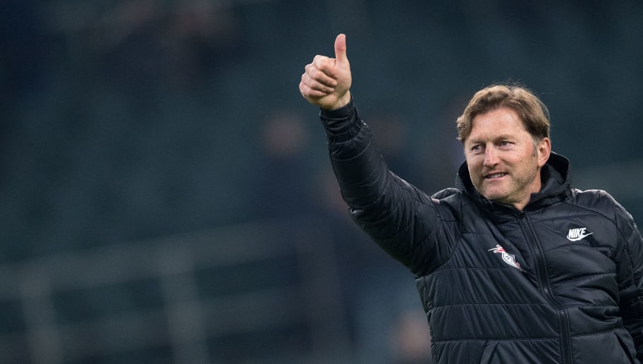 Leipzig's Austrian head coach Ralph Hasenhuettl reacts after the German first division Bundesliga football match Borussia Moenchengladbach versus RB Leipzig on February 3, 2018 in Moenchengladbach, western Germany. / AFP PHOTO / dpa / Marius Becker / Germany OUT        (Photo credit should read MARIUS BECKER/AFP/Getty Images)