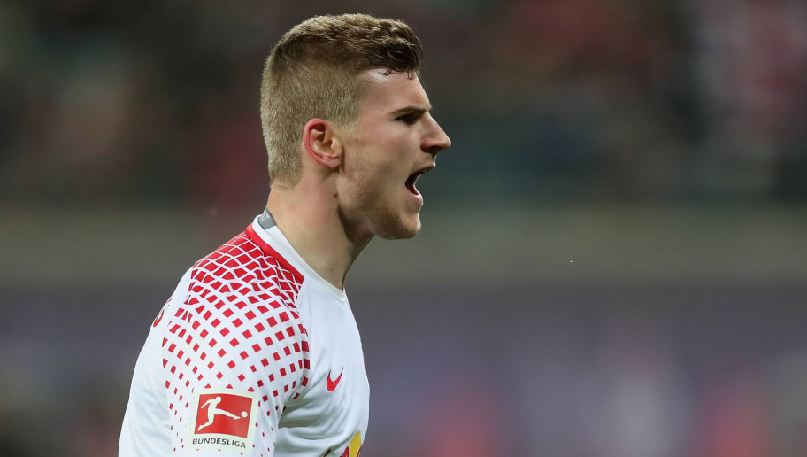 LEIPZIG, GERMANY - FEBRUARY 09: Timo Werner of RB Leipzig screems during the Bundesliga match between RB Leipzig and FC Augsburg at Red Bull Arena on February 9, 2018 in Leipzig, Germany.  (Photo by Boris Streubel/Bongarts/Getty Images)