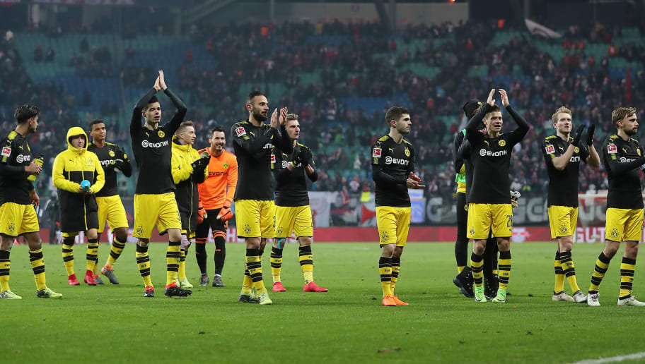 LEIPZIG, GERMANY - MARCH 03: Players of Dortmund applaud their supporters, after the Bundesliga match between RB Leipzig and Borussia Dortmund at Red Bull Arena on March 3, 2018 in Leipzig, Germany. (Photo by Boris Streubel/Bongarts/Getty Images)