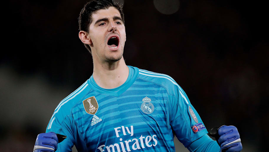 ROME, ITALY - NOVEMBER 27: Thibaut Courtois of Real Madrid  during the UEFA Champions League  match between AS Roma v Real Madrid at the Stadio Olimpico Rome on November 27, 2018 in Rome Italy (Photo by David S. Bustamante/Soccrates/Getty Images)