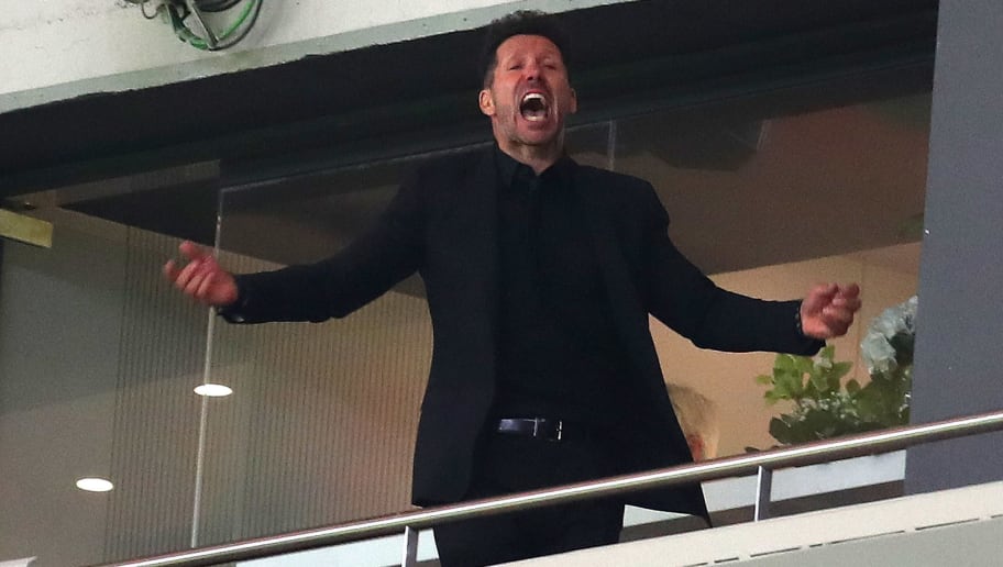 MADRID, SPAIN - MAY 03:  Diego Simeone, Coach of Atletico Madrid reacts after winning the UEFA Europa League Semi Final second leg match between Atletico Madrid  and Arsenal FC at Estadio Wanda Metropolitano on May 3, 2018 in Madrid, Spain.  (Photo by Catherine Ivill/Getty Images)