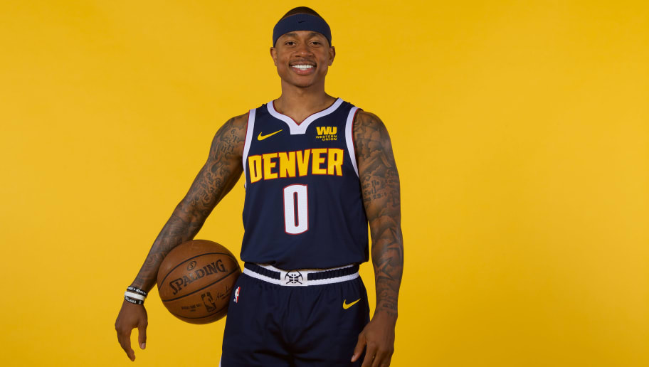 DENVER, CO - SEPTEMBER 24: Isaiah Thomas #0 of the Denver Nuggets poses for a portrait during the Denver Nuggets Media Day at the Pepsi Center on September 24, 2018 in Denver, Colorado. NOTE TO USER: User expressly acknowledges and agrees that, by downloading and or using this photograph, User is consenting to the terms and conditions of the Getty Images License Agreement. (Photo by Jamie Schwaberow/Getty Images)