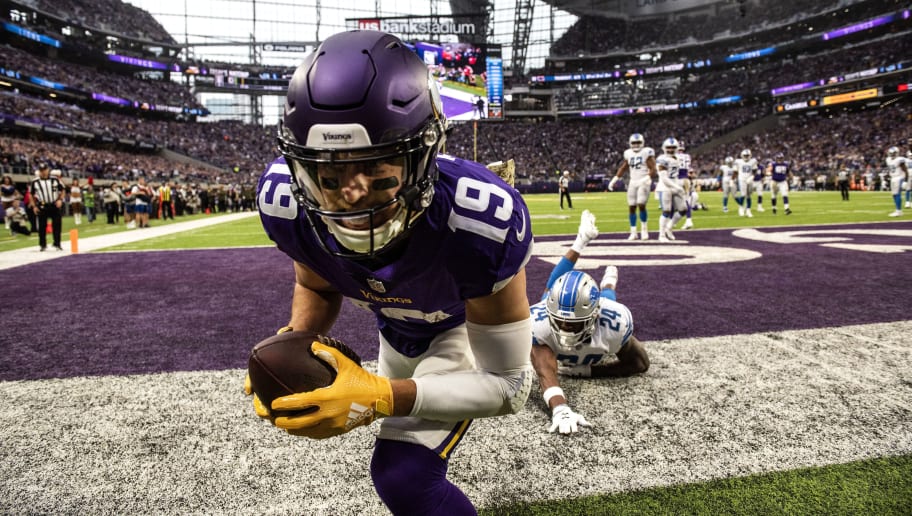 MINNEAPOLIS, MN - NOVEMBER 4: Adam Thielen #19 of the Minnesota Vikings catches the ball for a touchdown in the second quarter of the game against the Detroit Lions at U.S. Bank Stadium on November 4, 2018 in Minneapolis, Minnesota. (Photo by Stephen Maturen/Getty Images)