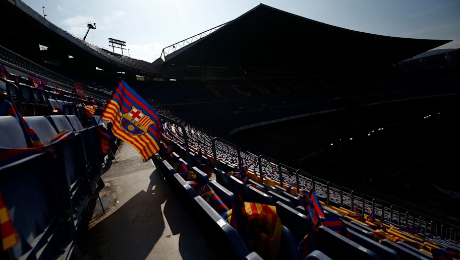 Susunan Pemain Barcelona Vs Real Madrid 90min A Barcelona Flag Flutters As Others Covers Spectator Seats Before The Spanish League Football Match Between